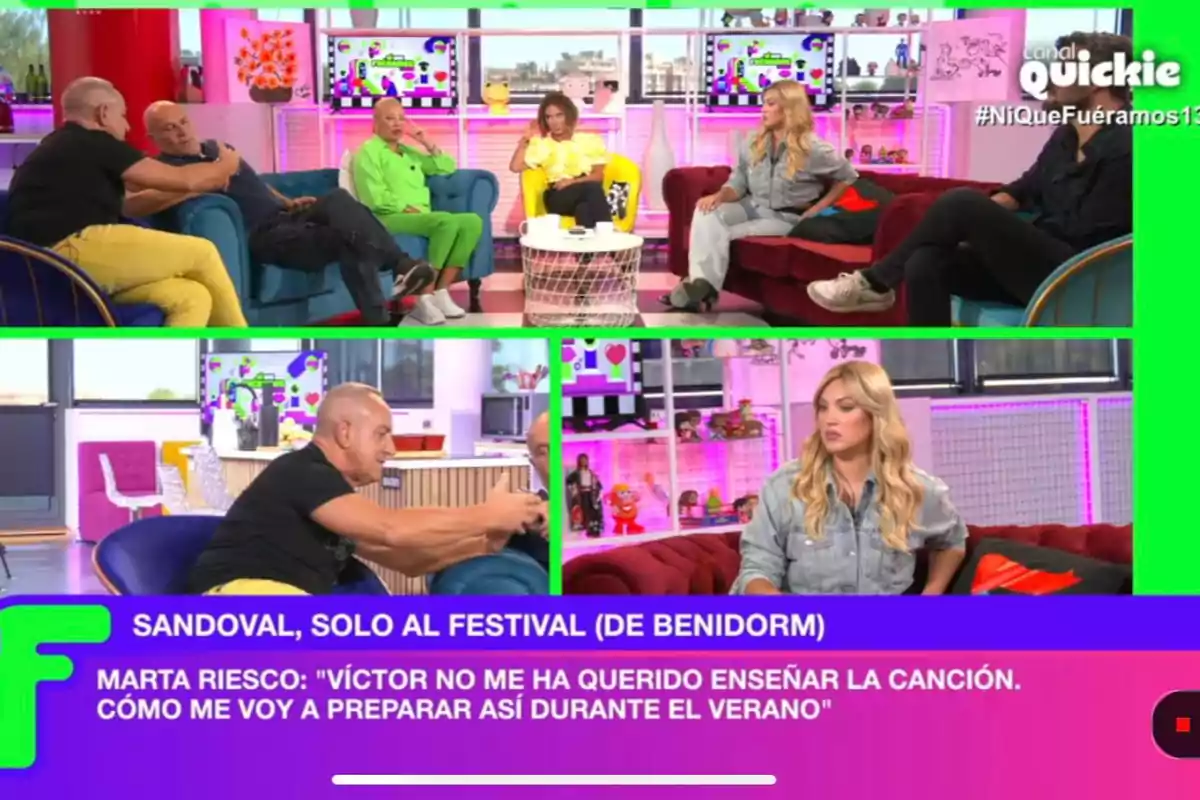 Los colaboradores de 'Ni que fuéramos' en un set de televisión colorido con un mensaje en la parte inferior que dice: Los colaboradores de 'Ni que fuéramos' en un set de televisión colorido con un mensaje en la parte inferior que dice: