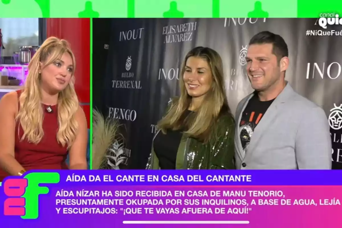 En la imagen se muestra a Marta Riesco con un vestido rojo en un estudio de televisión, junto a Manu Tenorio posando en un evento con un fondo de patrocinadores. El texto en la parte inferior dice: En la imagen se muestra a Marta Riesco con un vestido rojo en un estudio de televisión, junto a Manu Tenorio posando en un evento con un fondo de patrocinadores. El texto en la parte inferior dice: