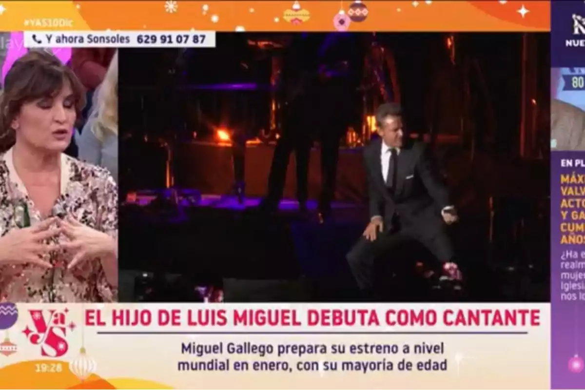 Beatriz Cortázar habla en un programa de televisión mientras en la pantalla se muestra a Luis Miguel en traje actuando en un escenario iluminado. Beatriz Cortázar habla en un programa de televisión mientras en la pantalla se muestra a Luis Miguel en traje actuando en un escenario iluminado.