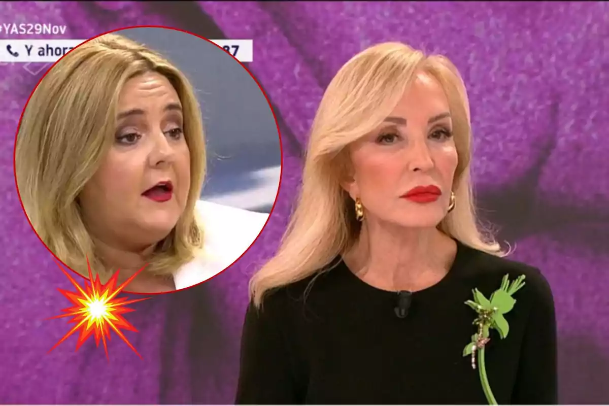 Carmen Lomana y Pilar Vidal en un programa de televisión, Pilar en un recuadro circular y Carmen en primer plano, con fondo morado.