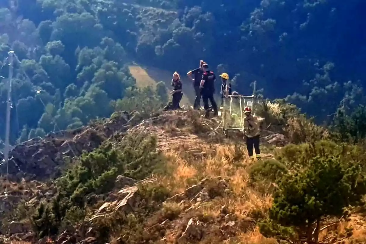 Un grupo de rescatistas se encuentra en una zona montañosa realizando labores de rescate, rodeados de vegetación y con equipo especializado.