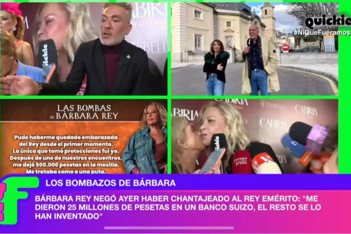 Personas en un evento de prensa con micrófonos y cámaras, discutiendo sobre declaraciones de Bárbara Rey relacionadas con el rey emérito y un supuesto chantaje. Personas en un evento de prensa con micrófonos y cámaras, discutiendo sobre declaraciones de Bárbara Rey relacionadas con el rey emérito y un supuesto chantaje.