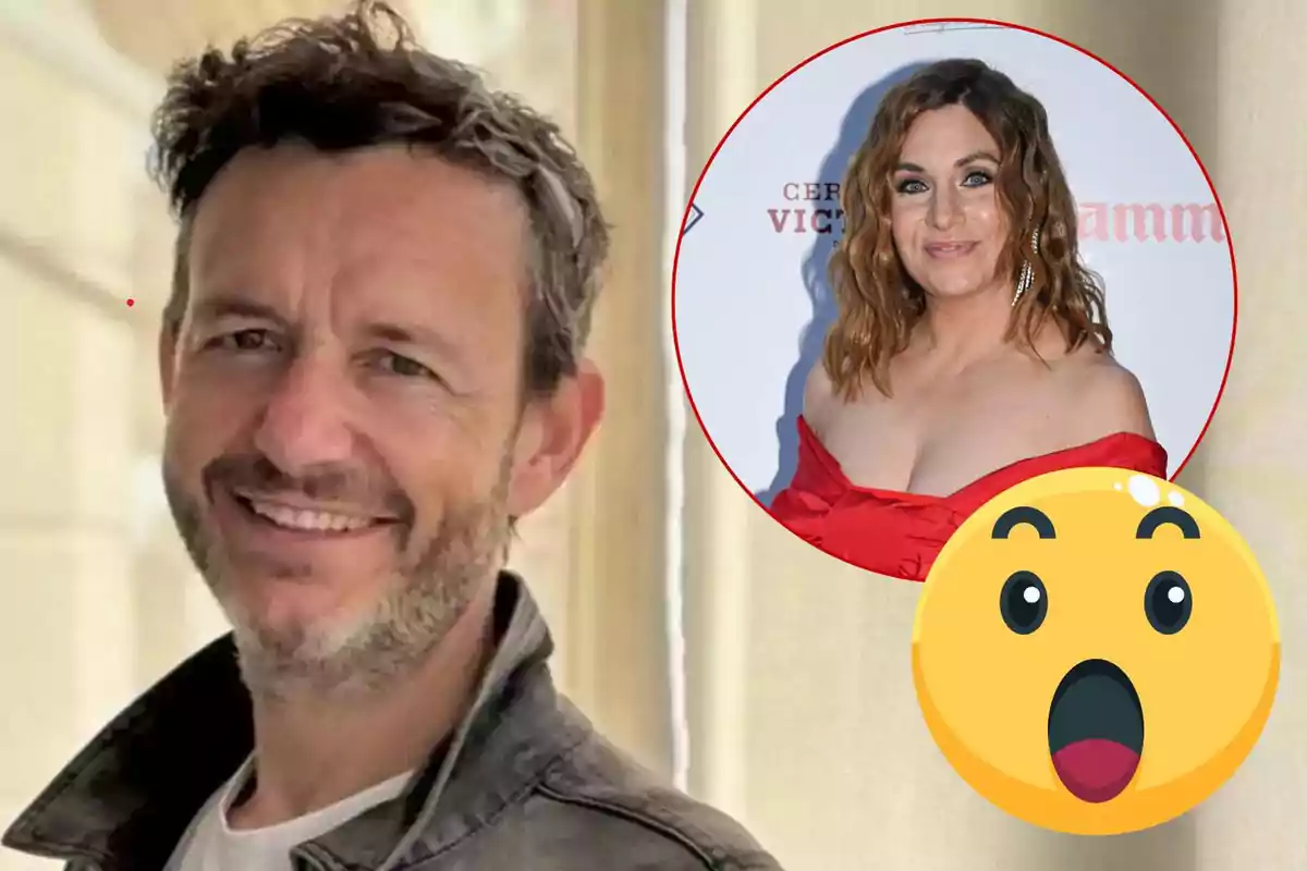 Pablo Benegas sonriente con chaqueta de mezclilla y una imagen insertada de Leire Martínez con vestido rojo junto a un emoji sorprendido.