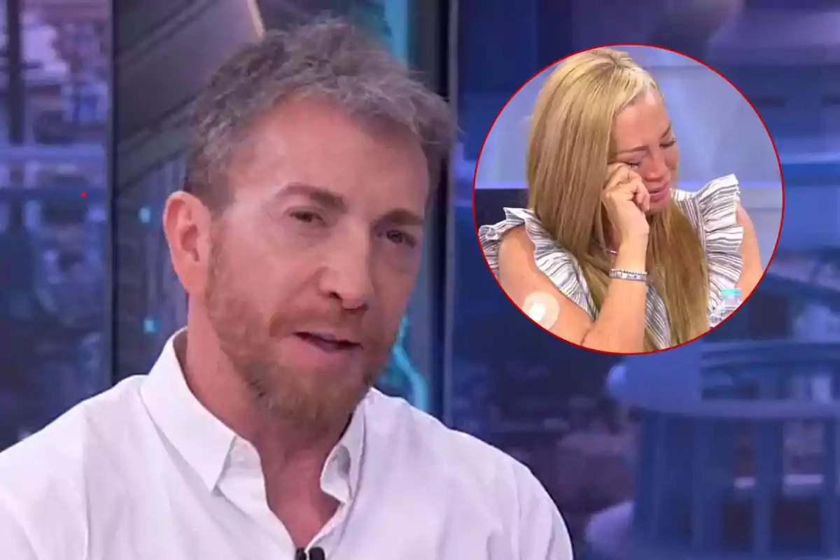 Pablo Motos con barba y camisa blanca habla en un programa de televisión mientras Belén Esteban aparece en un recuadro llorando.