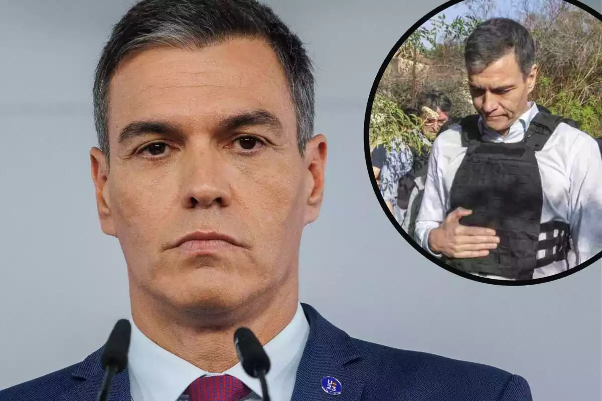 Primer plano de Pedro Sánchez en un montaje junto a una foto suya en un viaje a Israel