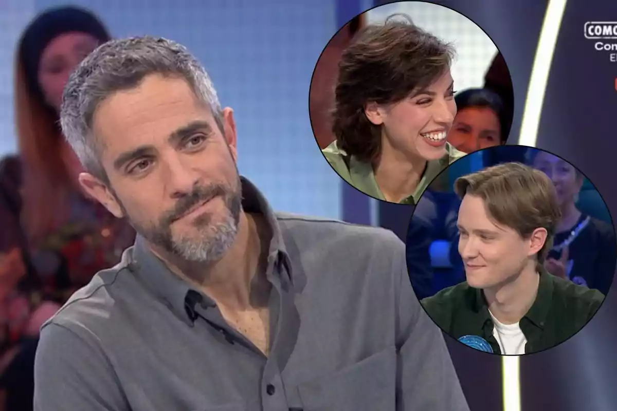 Roberto Leal con barba y cabello canoso está en un programa de televisión, mientras Rosa y Manu sonrientes aparecen en círculos superpuestos en la esquina superior derecha. Roberto Leal con barba y cabello canoso está en un programa de televisión, mientras Rosa y Manu sonrientes aparecen en círculos superpuestos en la esquina superior derecha.