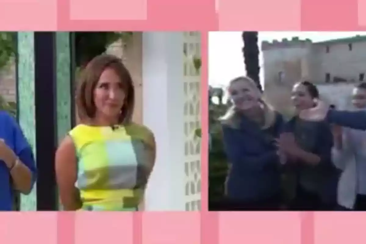 María Patiño con vestido amarillo y verde está de pie a la izquierda, mientras que a la derecha hay un grupo de personas sonriendo y aplaudiendo al aire libre. María Patiño con vestido amarillo y verde está de pie a la izquierda, mientras que a la derecha hay un grupo de personas sonriendo y aplaudiendo al aire libre.
