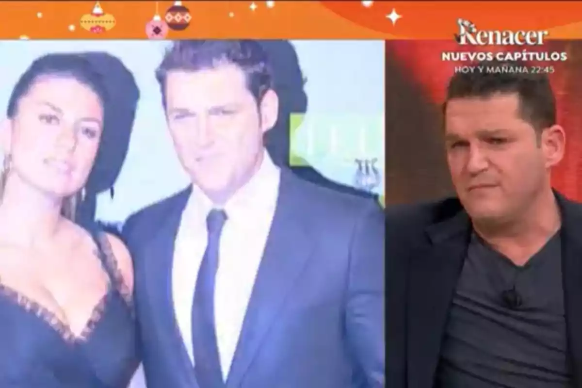 Manu Tenorio y su mujer posan juntos en una foto mientras Manu Tenorio aparece en un programa de televisión con gráficos navideños en la parte superior. Manu Tenorio y su mujer posan juntos en una foto mientras Manu Tenorio aparece en un programa de televisión con gráficos navideños en la parte superior.