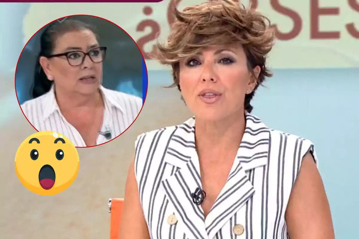 Sonsoles Ónega de televisión con un chaleco de rayas habla en un programa mientras se muestra un recuadro con María del Monte sorprendida y un emoji de asombro.