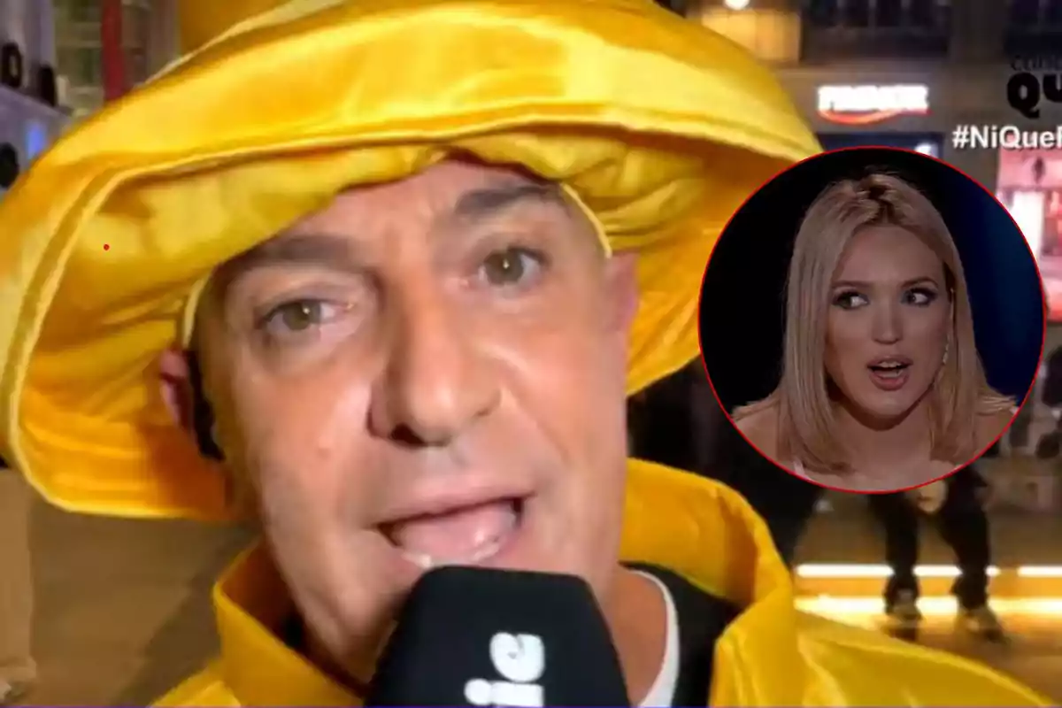 Víctor Sandoval con sombrero amarillo hablando por un micrófono y Marta Riesco en un recuadro circular en la esquina superior derecha.