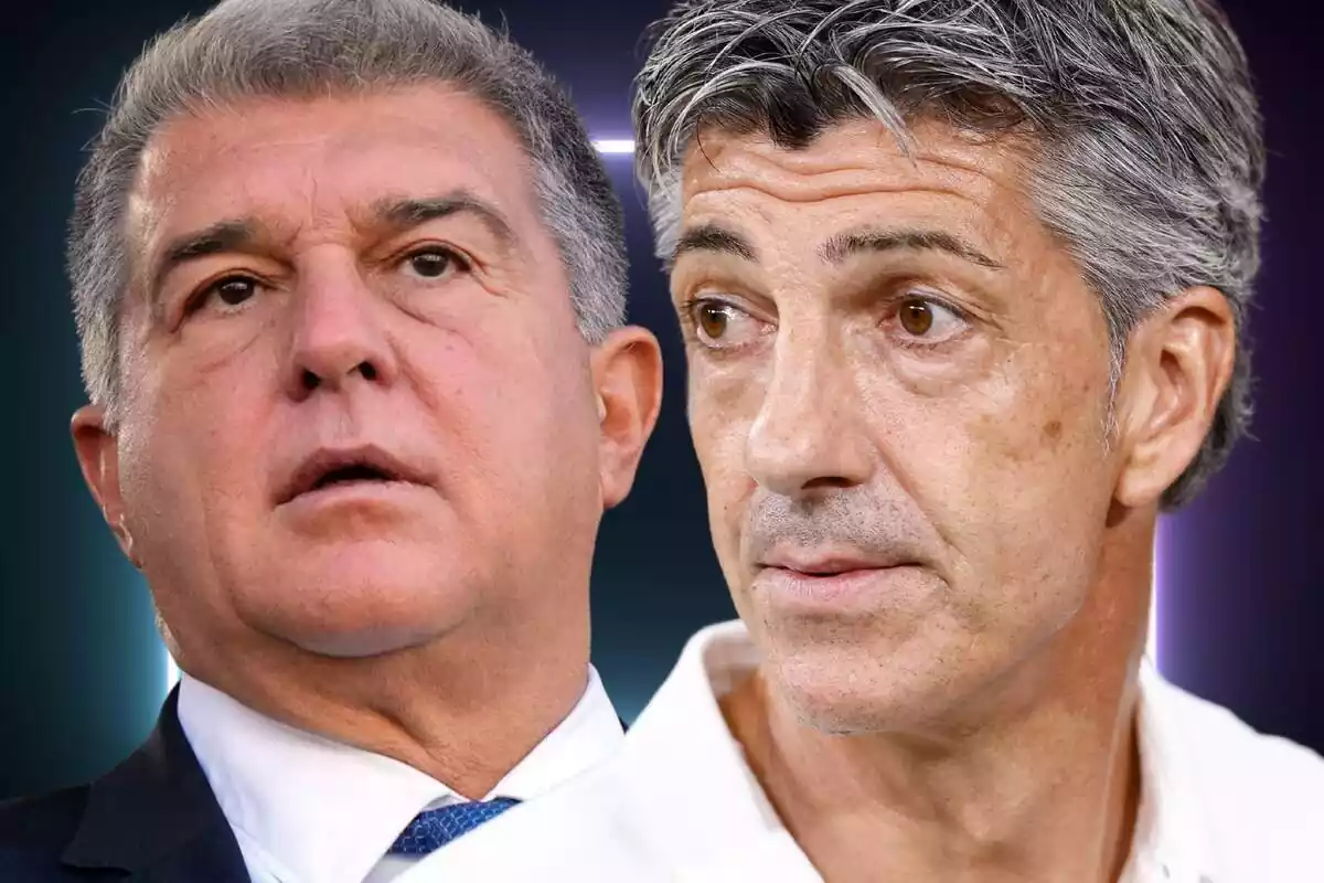 Imanol Alguacil junto a Joan Laporta en primer plano con un fondo que emite luz