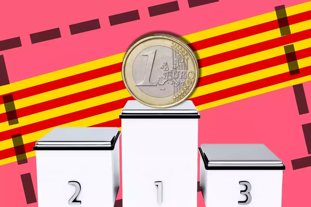 Montaje con un podio con una moneda de euro en el primer puesto, con la bandera catalana de fondo