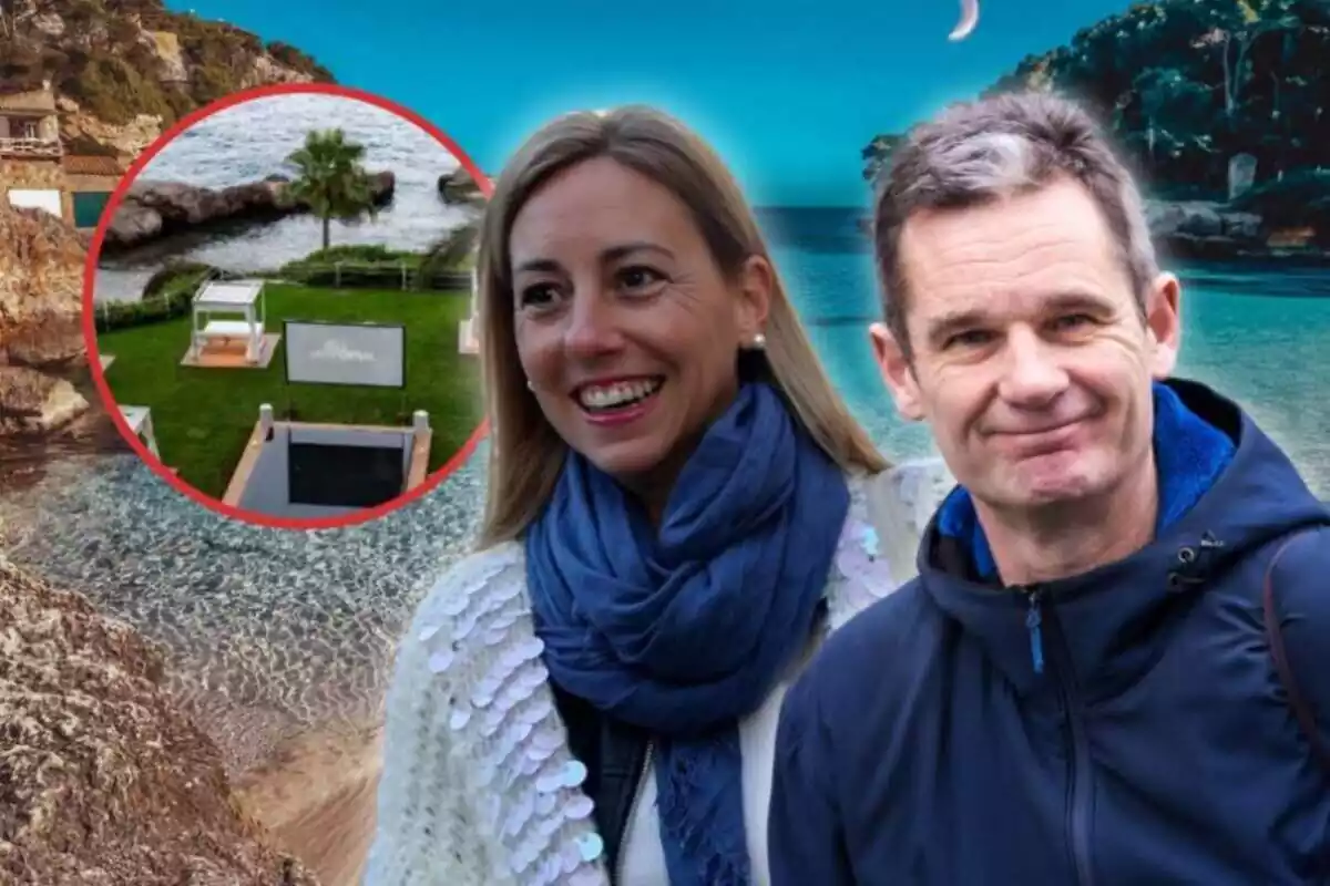 Iñaki Urdangarin y Ainhoa Armentia sobre un fondo de una playa y a su izquierda una redonda roja con un jardín delante del mar con unas camas