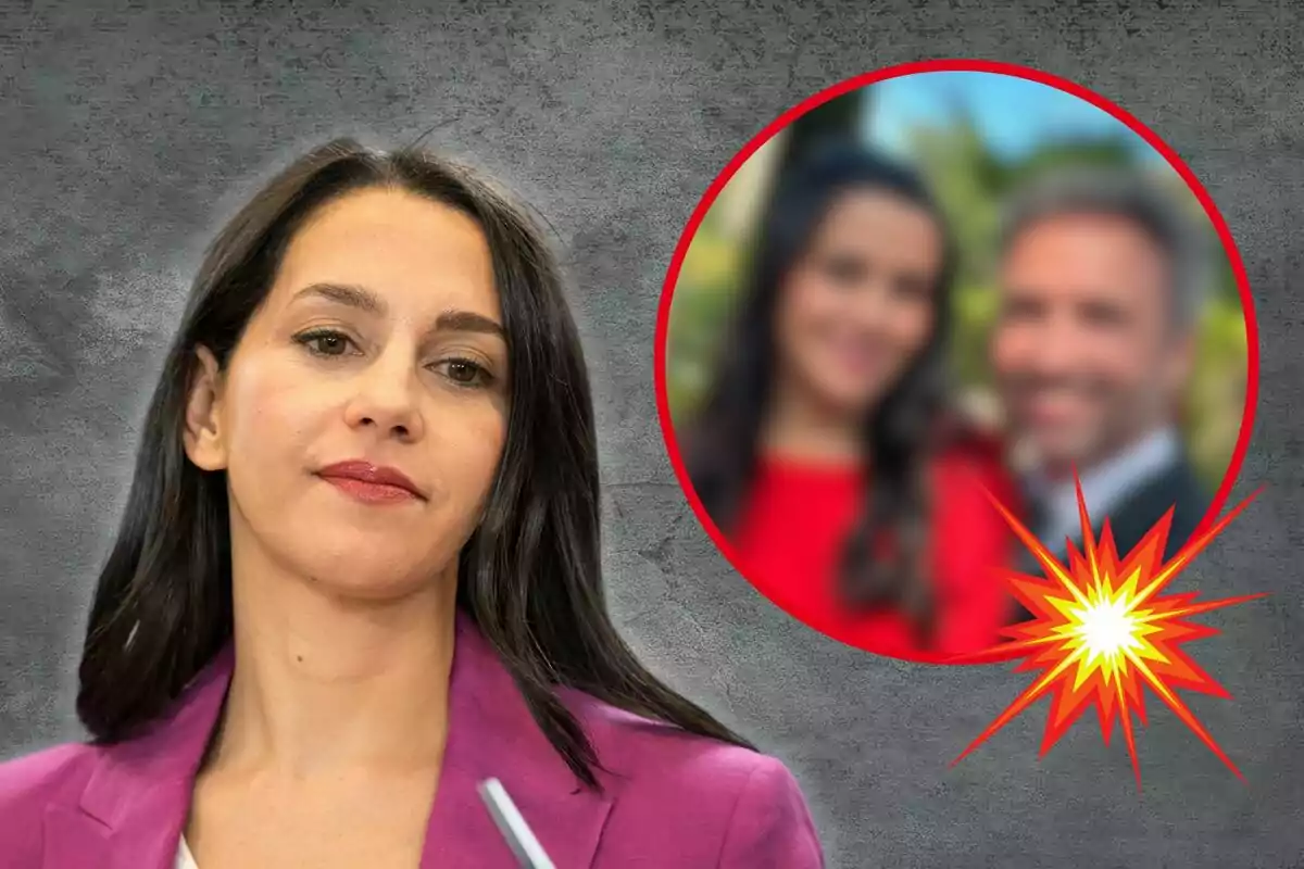 Una mujer con chaqueta morada aparece en primer plano, mientras que en el fondo hay una imagen borrosa de una pareja dentro de un círculo rojo con un efecto de explosión.