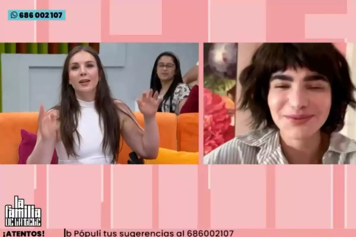 Inés Hernand y Paloma participando en una videollamada en 'La familia de la tele' con un fondo de diseño geométrico en tonos rosados y un número de contacto visible en la parte superior izquierda. Inés Hernand y Paloma participando en una videollamada en 'La familia de la tele' con un fondo de diseño geométrico en tonos rosados y un número de contacto visible en la parte superior izquierda.