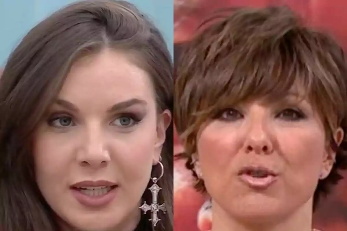 Inés Hernand y Sonsoles Ónega en primer plano, una con cabello largo y oscuro y un pendiente de cruz, la otra con cabello corto y castaño, ambas con expresión seria.