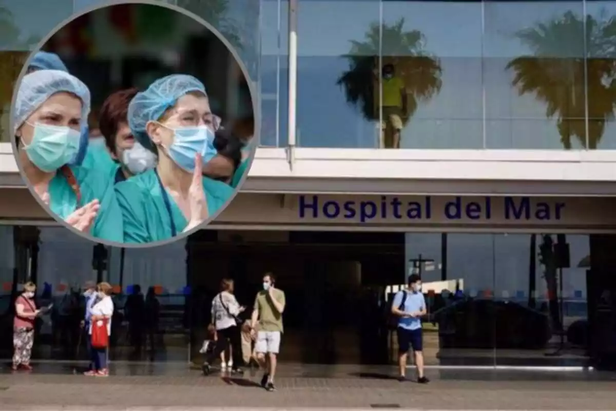Montaje en el que se ve la puerta del Hospital del Mar en Barcelona con unas enfermeras protestando
