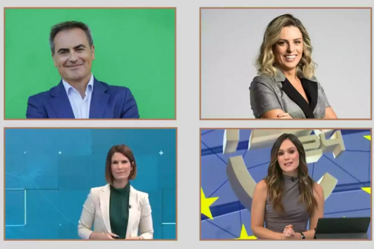 Cuatro presentadores de noticias en diferentes escenarios.