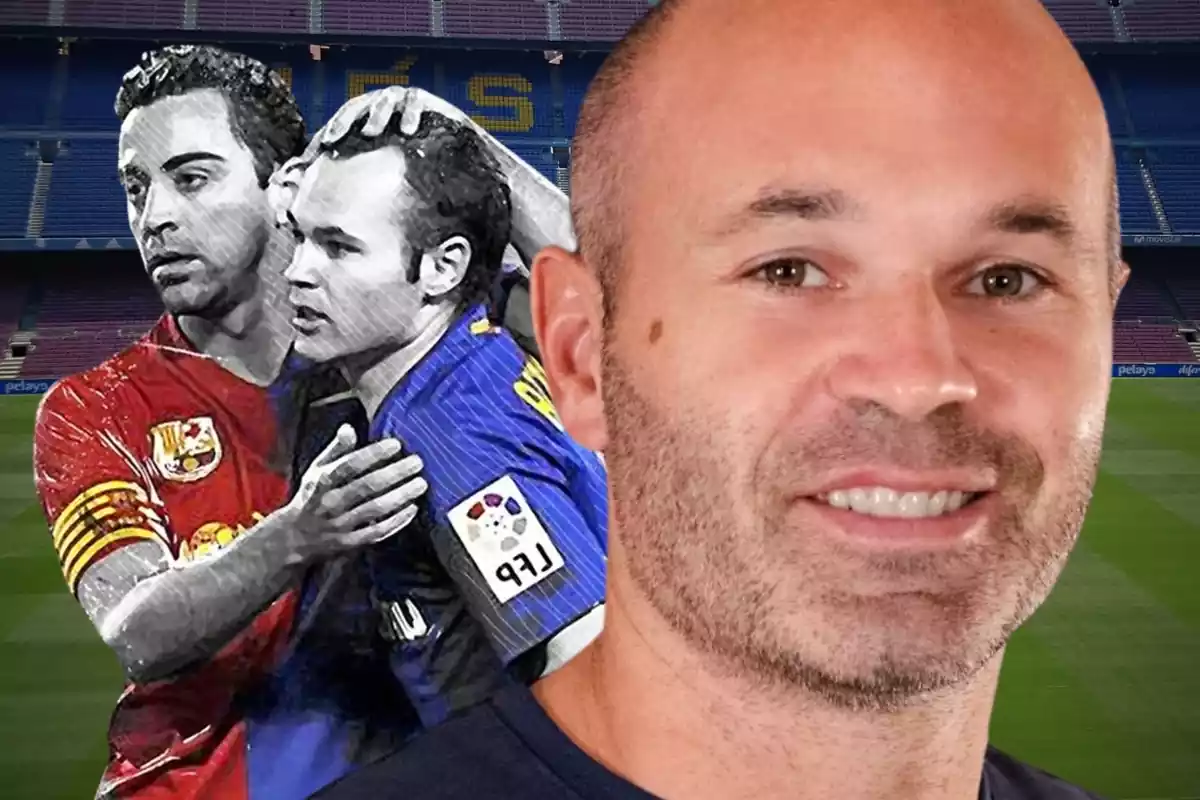 Andrés Iniesta en primer plano con un dibujo de Xavi e Iniesta al fondo