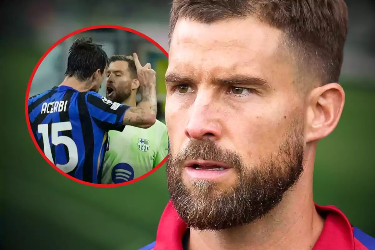 Un jugador de fútbol con expresión seria en primer plano y un recuadro que muestra una discusión acalorada entre dos jugadores en el campo.