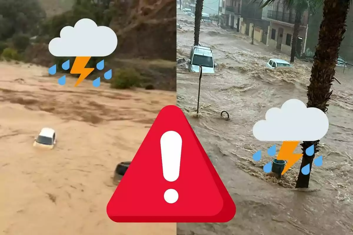 Coches sumergidos en una inundación con iconos de alerta y tormenta.