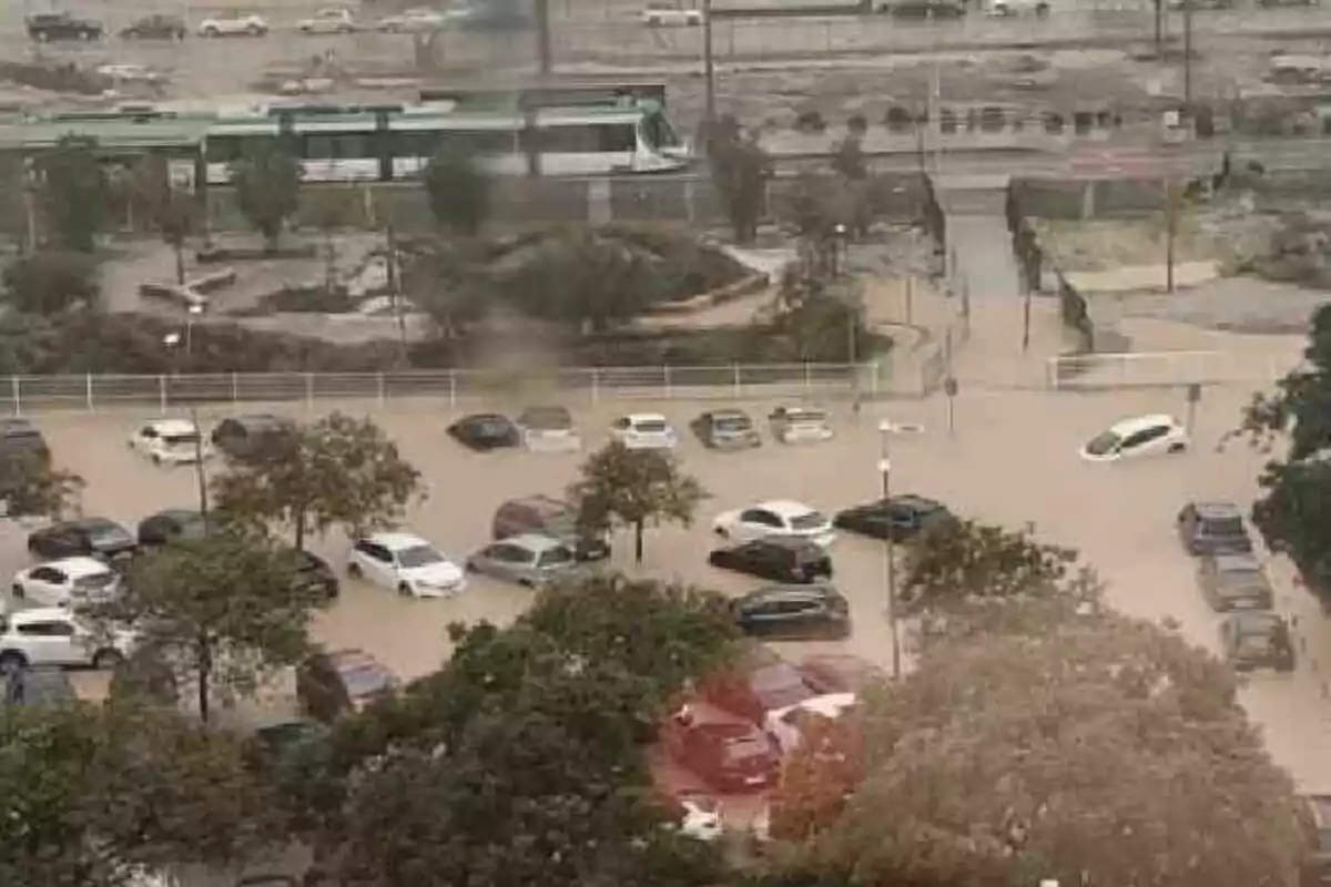 Un estacionamiento inundado con varios autos parcialmente sumergidos en el agua.