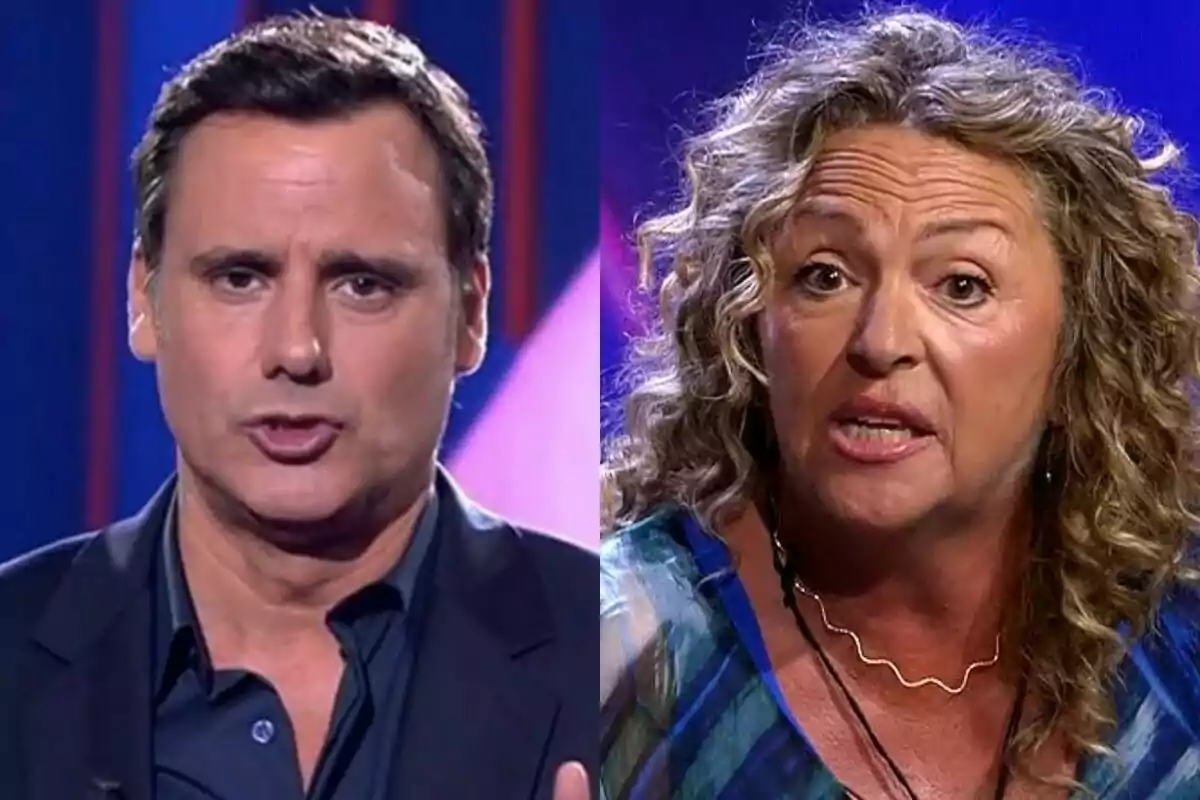 Ion Aramendi y la madre de Juan en Gran Hermano con expresiones serias y fondo colorido.