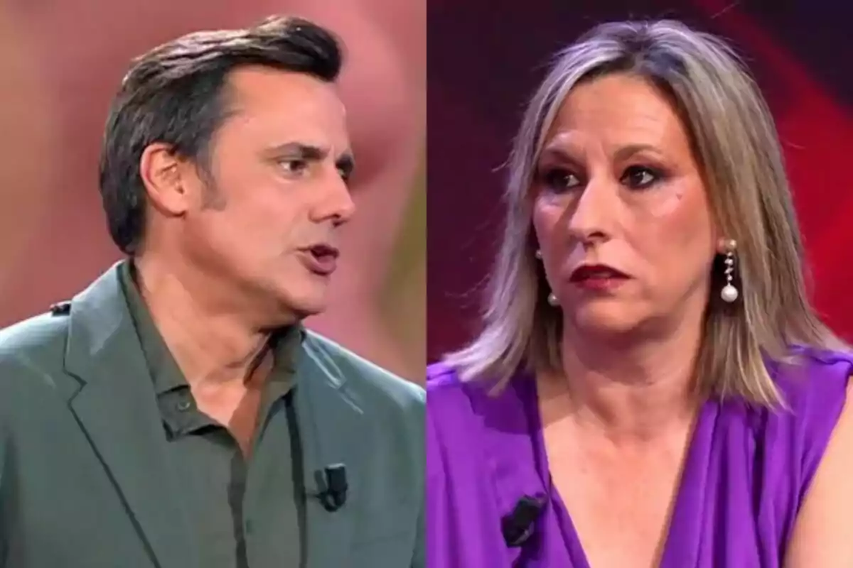 Ion Aramendi y la madre de Violeta en Gran Hermano, una de ellas lleva un traje verde y la otra un vestido morado.