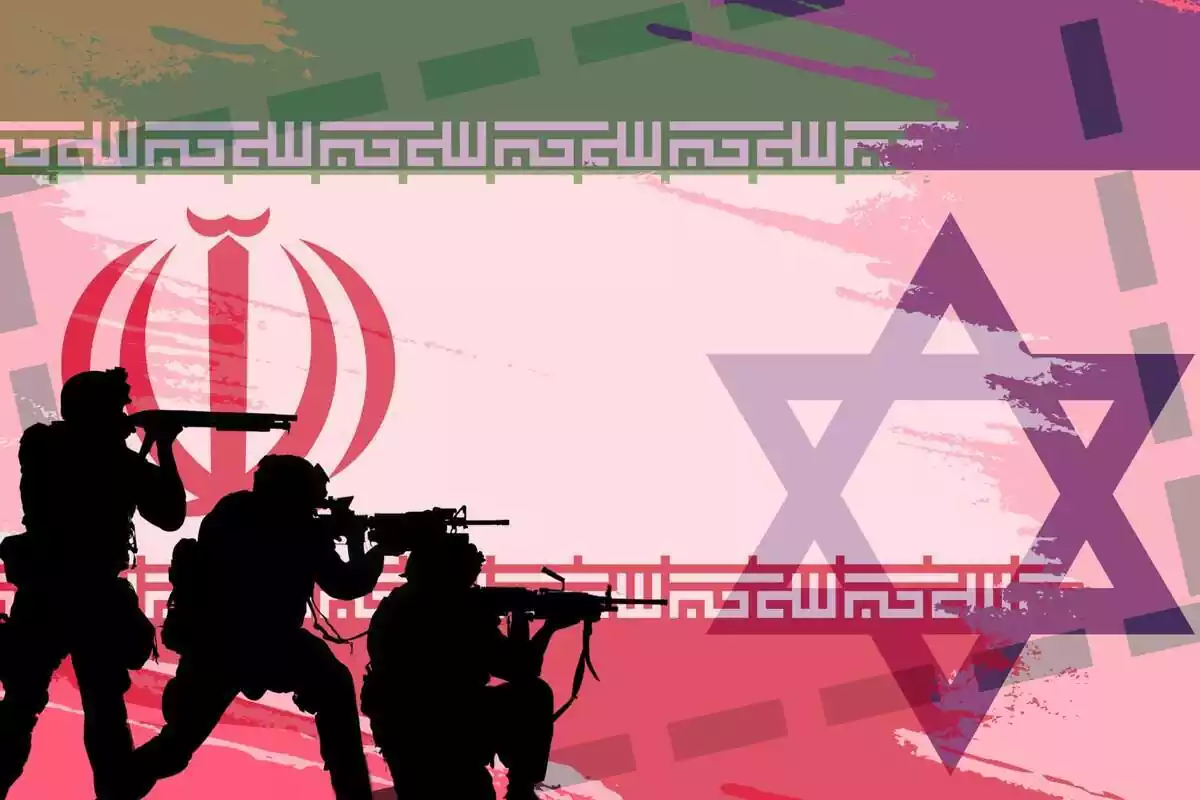Montaje con las banderas de Iran e Israel con unos soldados en primer plano