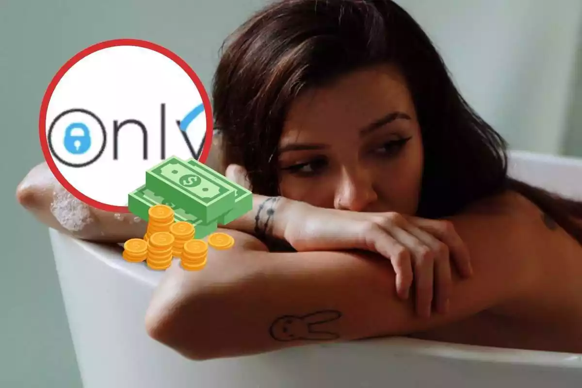 Iris en una bañera y un logo de onlyfans y emoji de dinero