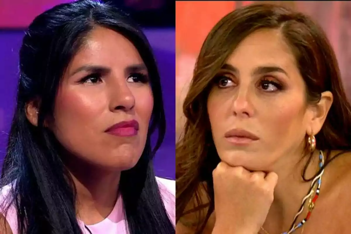 Isa Pantoja con expresión neutra en De Viernes a la izquierda con Anabel Pantoja con expresión de enfado en Sálvame a la derecha.