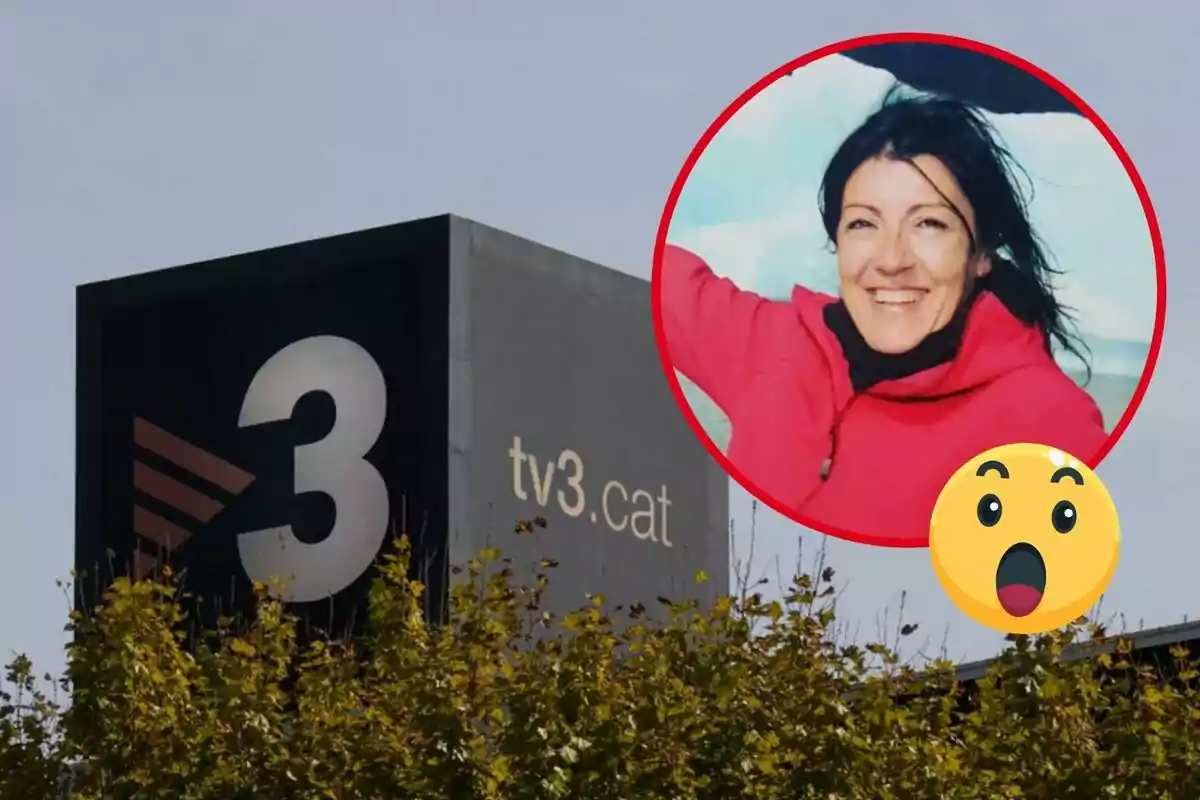 Edificio de TV3 con un círculo rojo que muestra a una mujer sonriente y un emoji sorprendido.