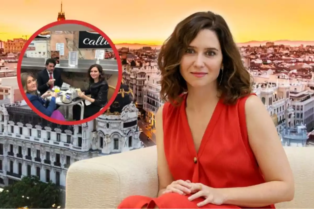 Isabel Díaz Ayuso sobre un fondo de Madrid y a su derecha un círculo en el que sale sentada con 2 personas más comiendo