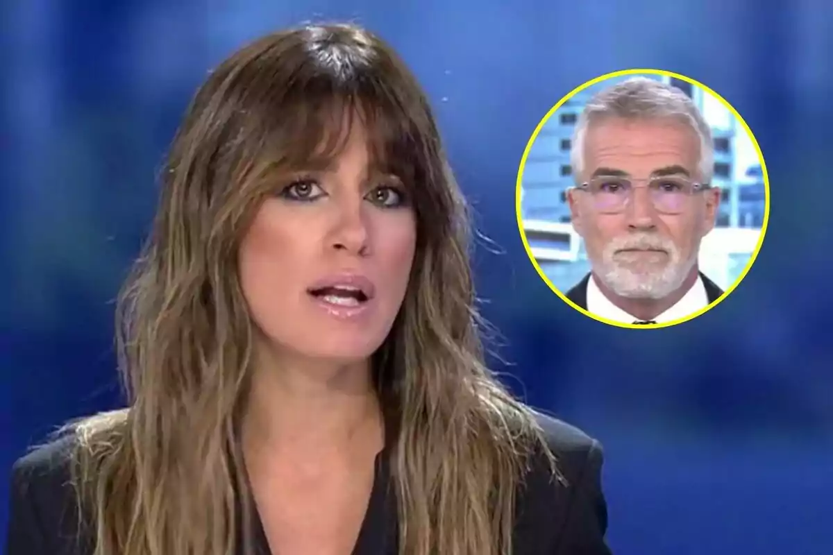 Isabel Jiménez presentando noticias en Informativos Telecinco con David Cantero en un recuadro circular en la esquina superior derecha.