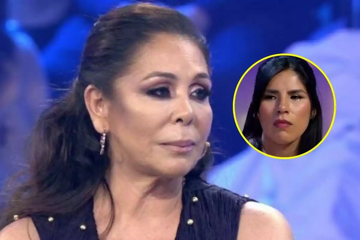 Isabel Pantoja con cabello oscuro y maquillaje elegante aparece en primer plano mientras Isa Pantoja con expresión triste en De Viernes se muestra en un círculo amarillo en la esquina superior derecha.