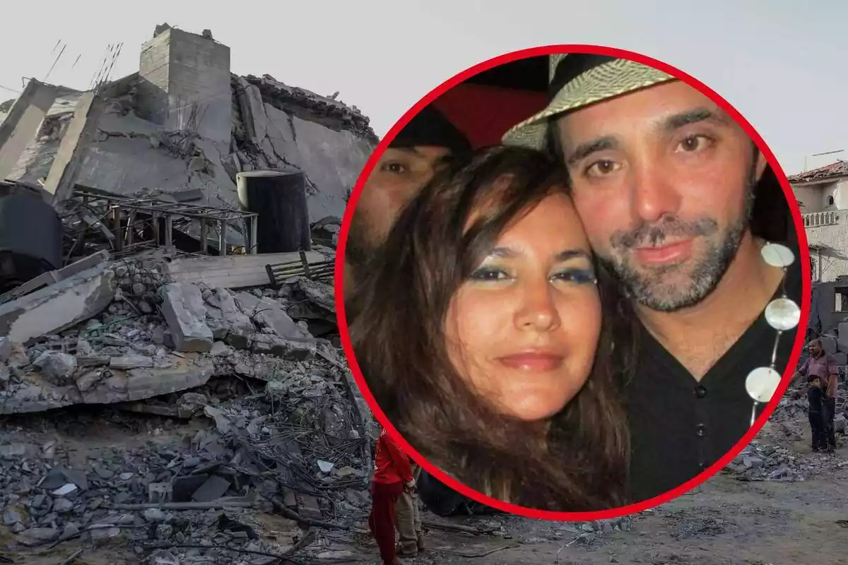 Montaje de fotos de Iván Illarramendi y su novia con Gaza destruida de fondo