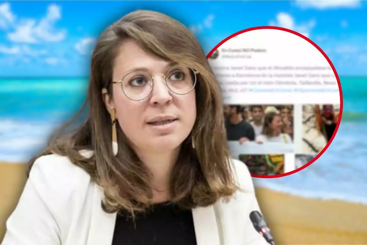 Mujer con gafas y cabello castaño hablando frente a un micrófono con una imagen de fondo que muestra una playa y un círculo rojo resaltando un texto.