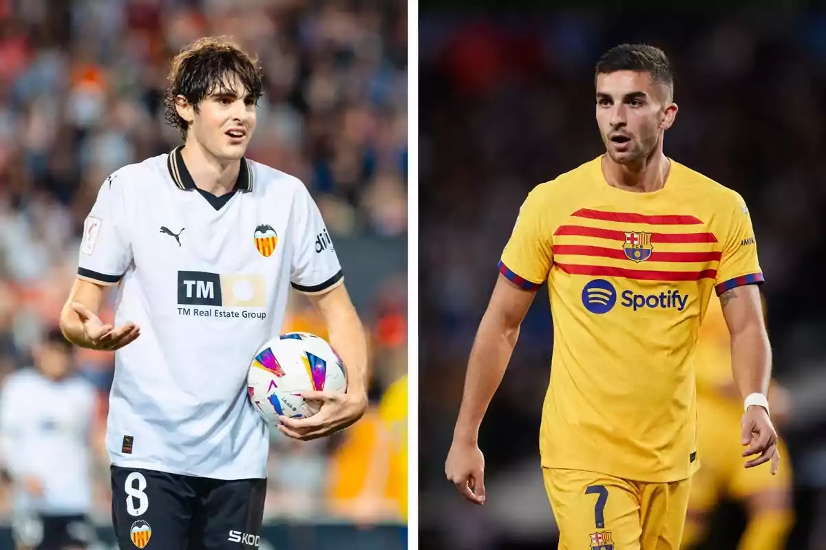 Dos jugadores de fútbol, uno del Valencia CF y otro del FC Barcelona, en el campo durante un partido. Dos jugadores de fútbol, uno del Valencia CF y otro del FC Barcelona, en el campo durante un partido.