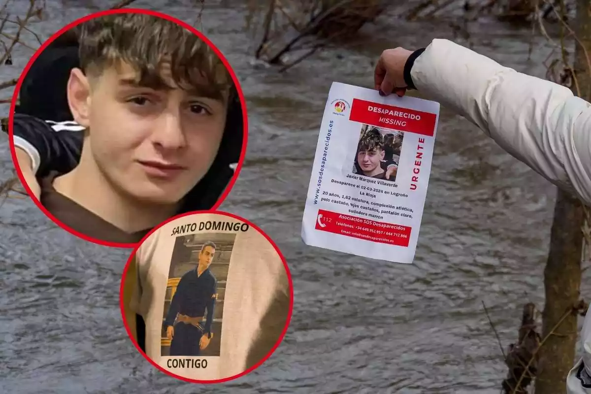 Imagen de fondo de una persona con un cartel del joven Javier Márquez y otras dos imágenes del chico