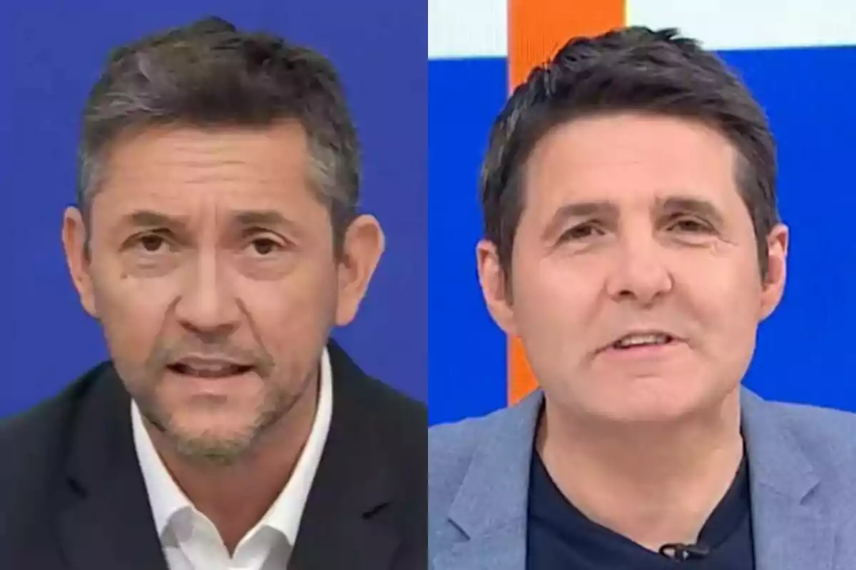 Javier Ruiz en Mañaneros y Jesús Cintora en Malas Lenguas, ambos en un estudio de televisión con fondo azul y naranja.