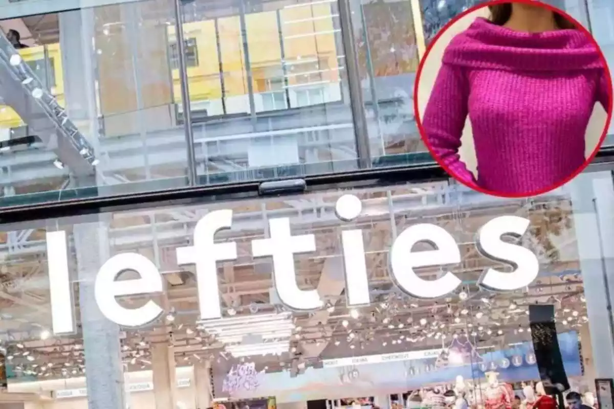 Imagen de fondo de una tienda Lefties y otra de una persona posando un jersey en tono fucsia de la misma marca