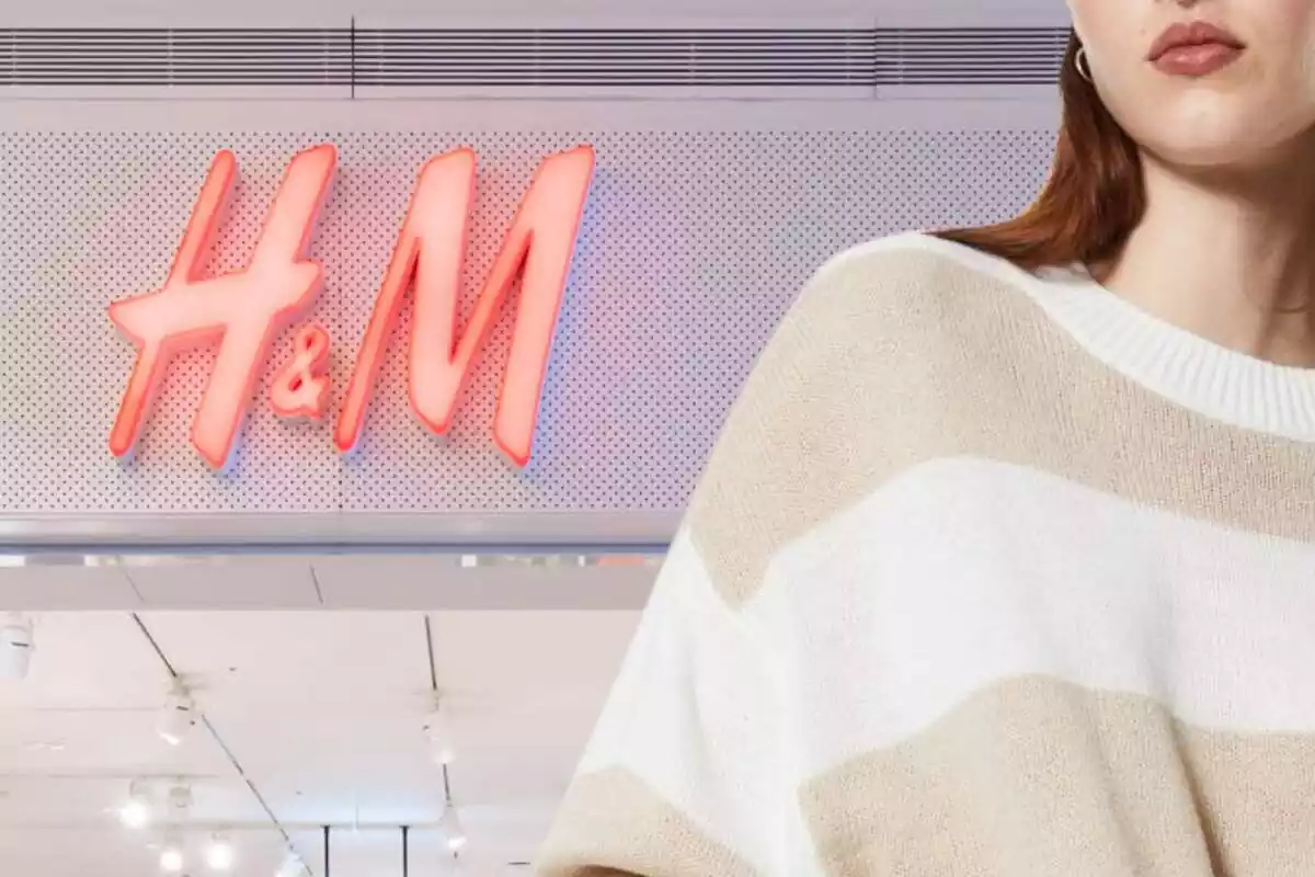 Montaje con una imagen de fondo de una tienda H&M y en primer plano una imagen de una modelo posando con un jersey de la marca