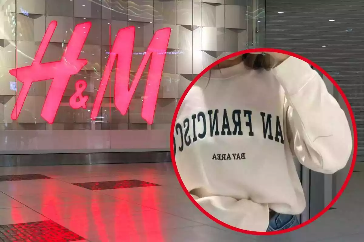 Imagen de fondo de un logo de H&M junto a otra de una persona posando con un jersey de la marca