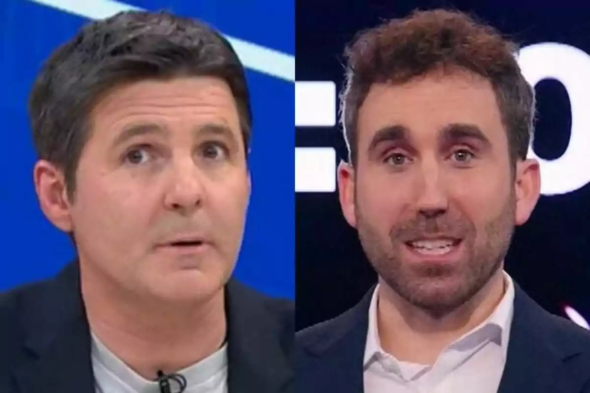 Dos hombres de mediana edad aparecen en primer plano, cada uno en un entorno de estudio de televisión diferente, Jesús Cintora en Malas Lenguas con fondo azul y Aitor Albizua con fondo oscuro y letras blancas en Cifras y Letras.