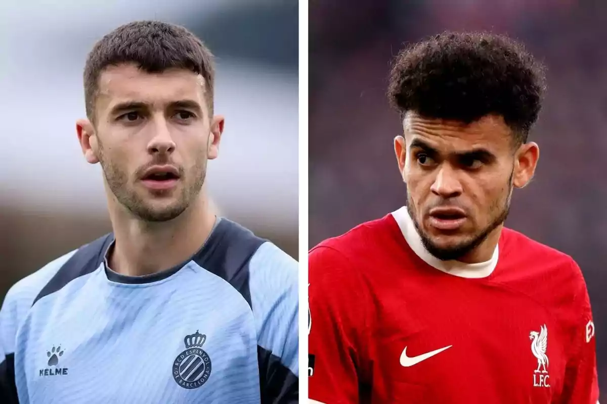 Dos futbolistas aparecen uno al lado del otro, el de la izquierda lleva un uniforme azul claro y el de la derecha viste un uniforme rojo Dos futbolistas aparecen uno al lado del otro, el de la izquierda lleva un uniforme azul claro y el de la derecha viste un uniforme rojo