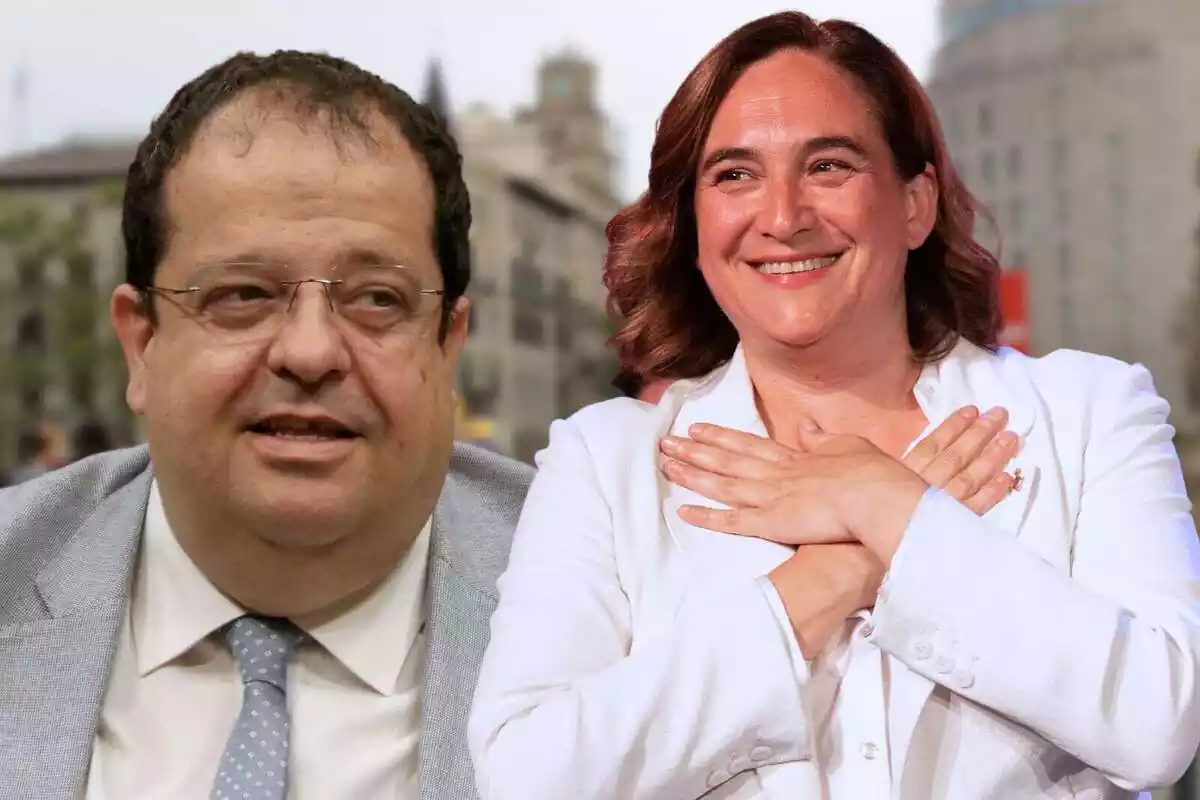 Montaje con un primer plano de Joan Ignasi Elena y un plano medio de Ada Colau con las mano en el pecho y los dos sonriendo