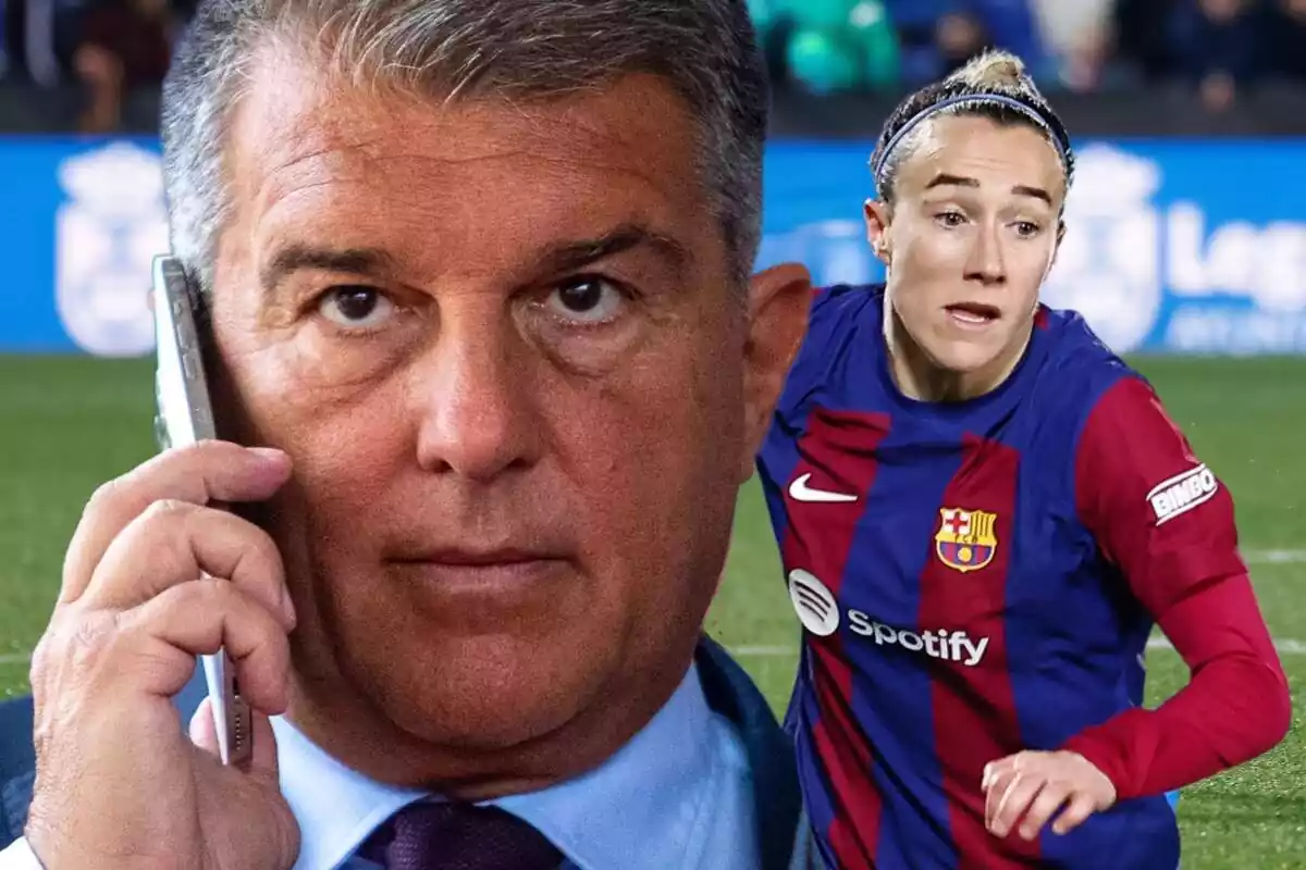 Joan Laporta hablando por teléfono con Lucy Bronze al fondo de la imagen