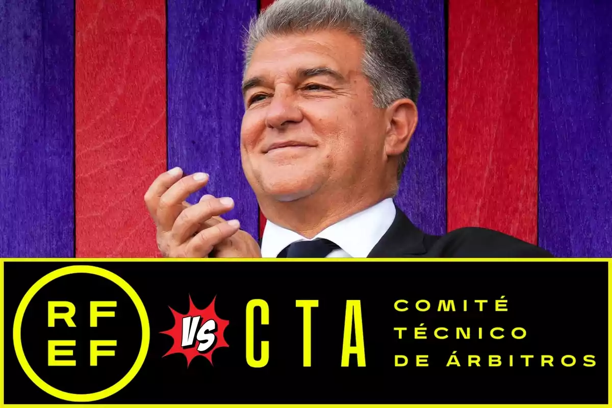 Hombre de traje sonriente frente a fondo azul y rojo con un gráfico en la parte inferior que muestra los logotipos de RFEF y CTA junto a la palabra vs y el texto Comité Técnico de Árbitros