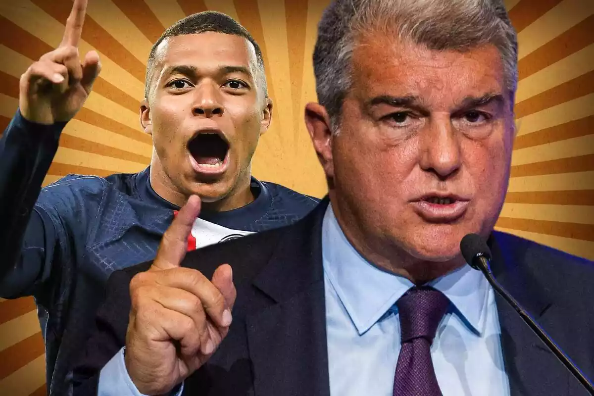 Joan Laporta junto a Kylian Mbappé sobre un fondo a rayas amarillas y marrones