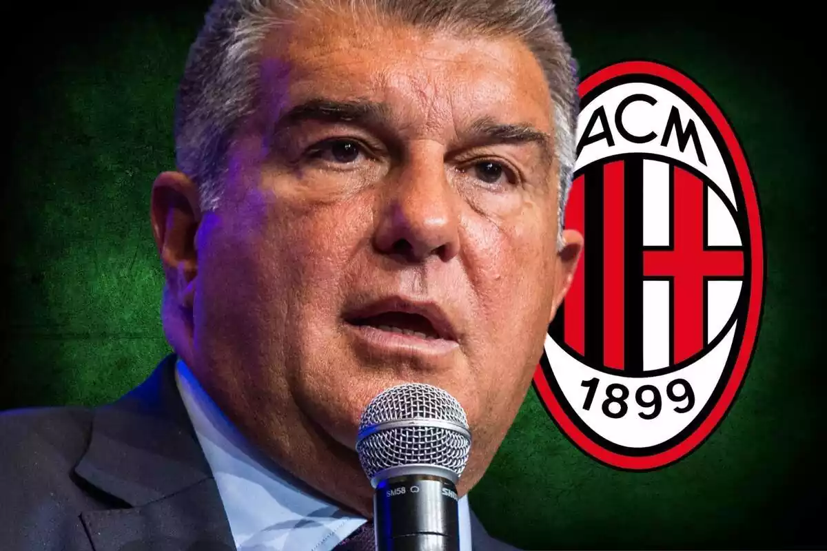 Joan Laporta al lado del escudo del AC Milan